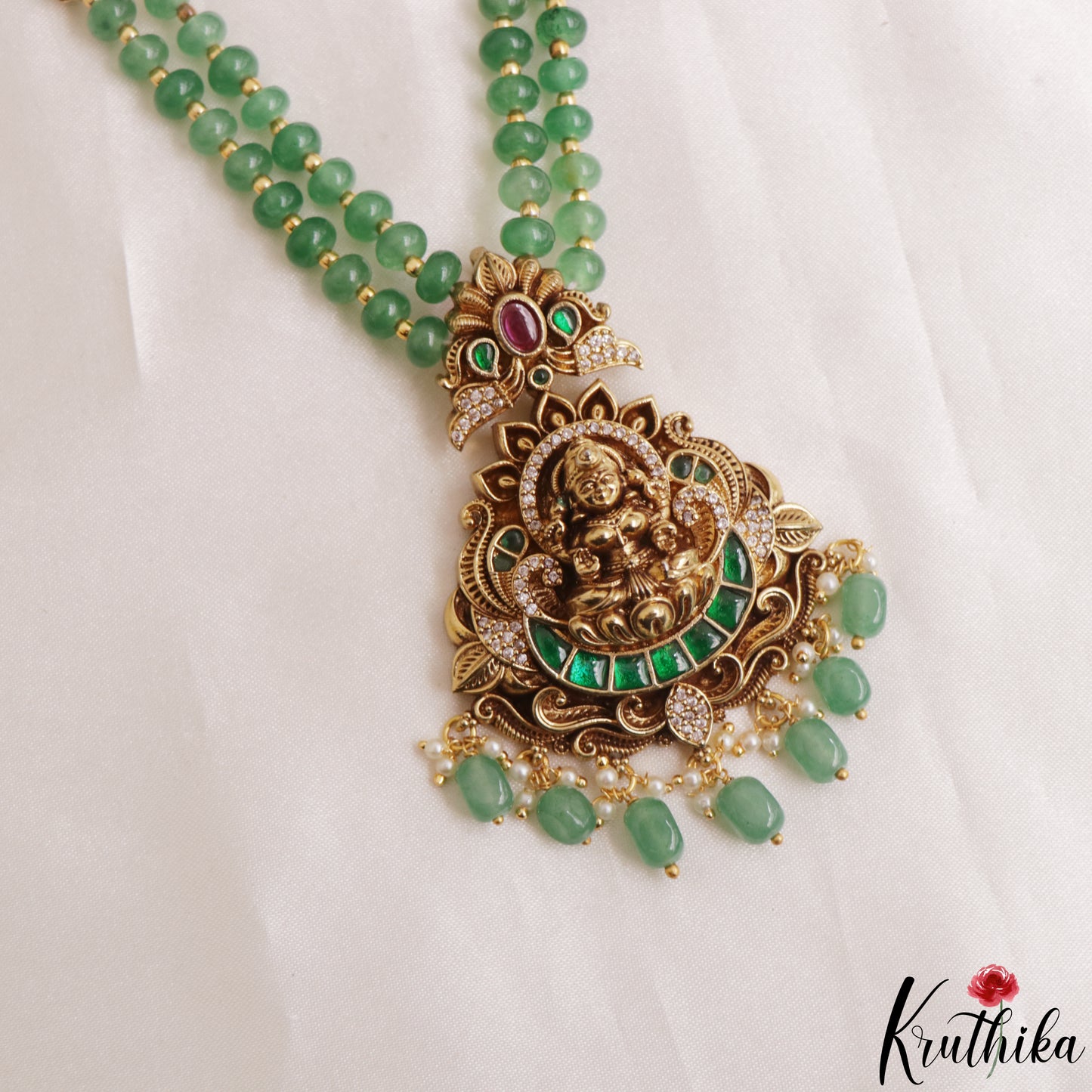 Classic Antique Lakshmi Motifs Double Layered Green Beads Jadau Haaram LH2156