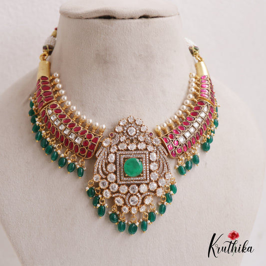 Gorgeous Peacock Floral Motifs Jadau Choker With Green Bead Drops NC2660