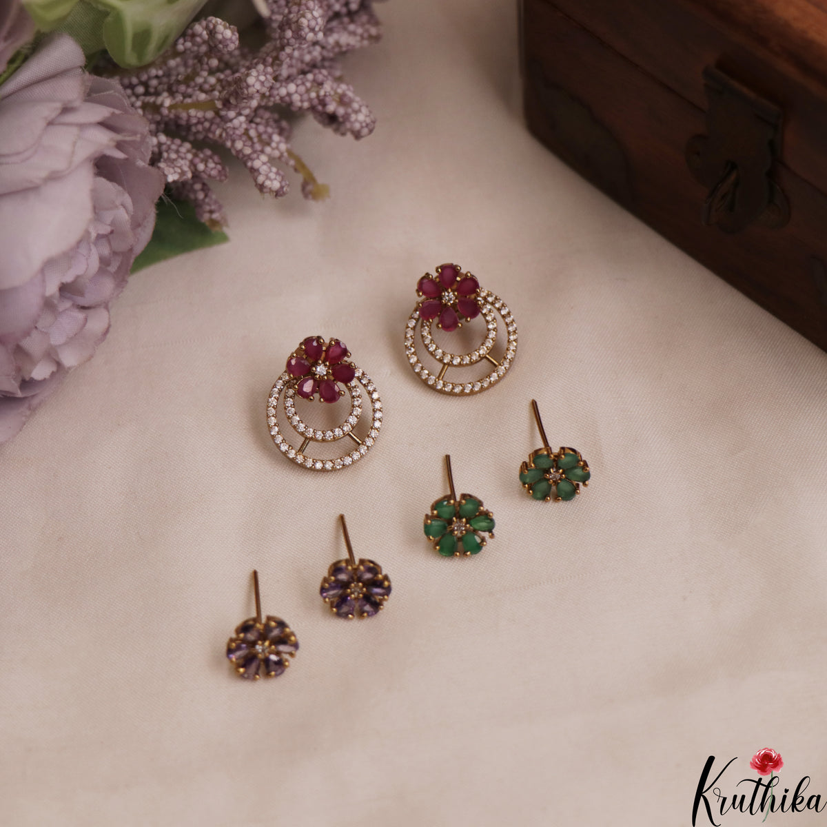 Simple CZ Floral Stud Earrings With Interchangeable Stones E1105