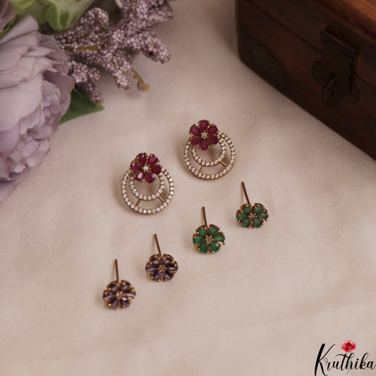 Simple CZ Floral Stud Earrings With Interchangeable Stones E1105