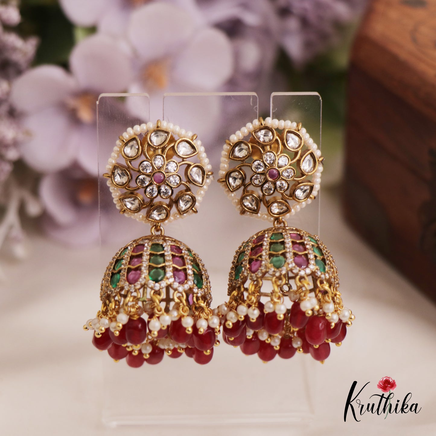 Sparkling Pearl Border Floral Motifs Jhumka With Bead Drops E986 (Available In 2 Colors)