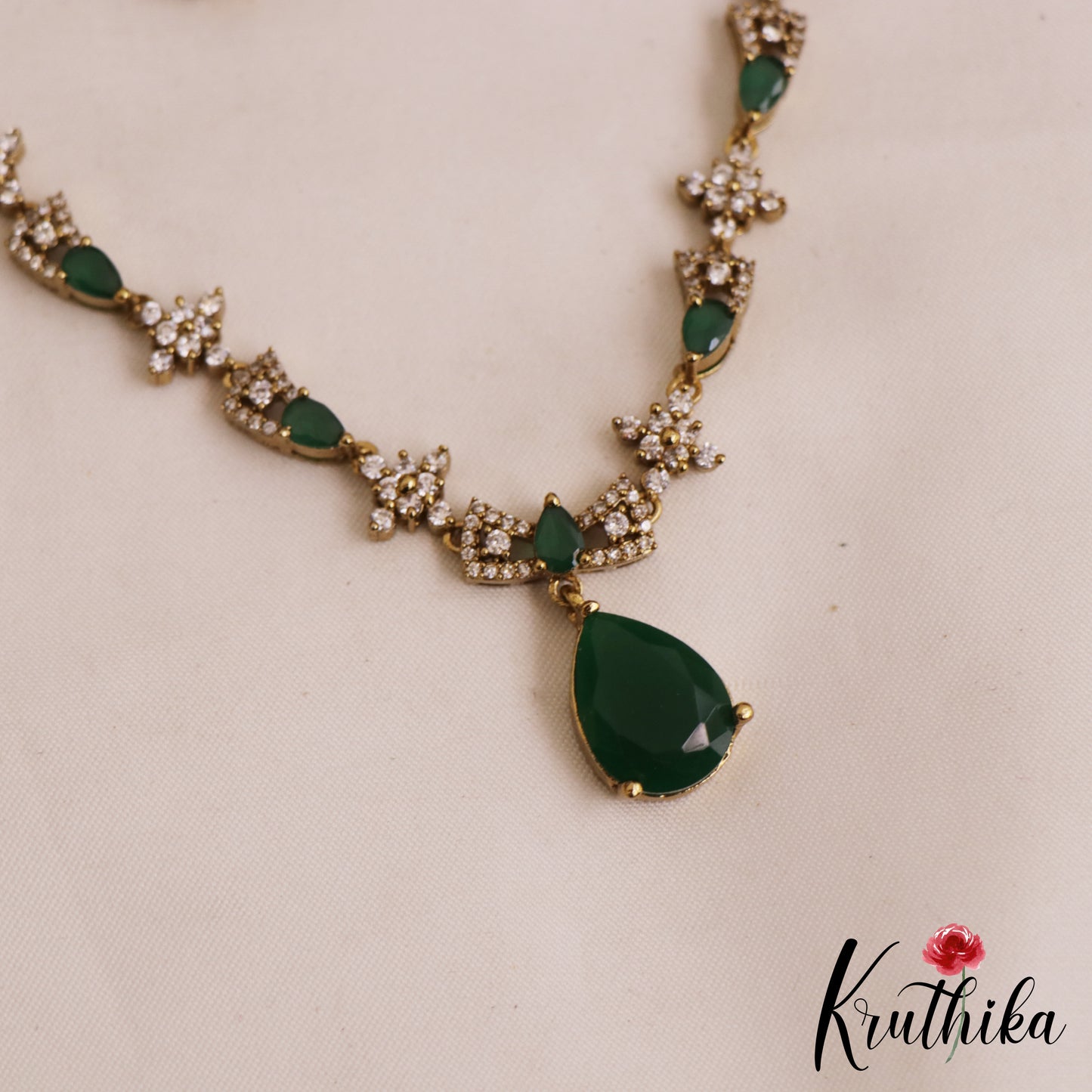 Sparkling Floral Teardrop Motifs AD Victorian Necklace NC2807 (Available In 3 Colors)