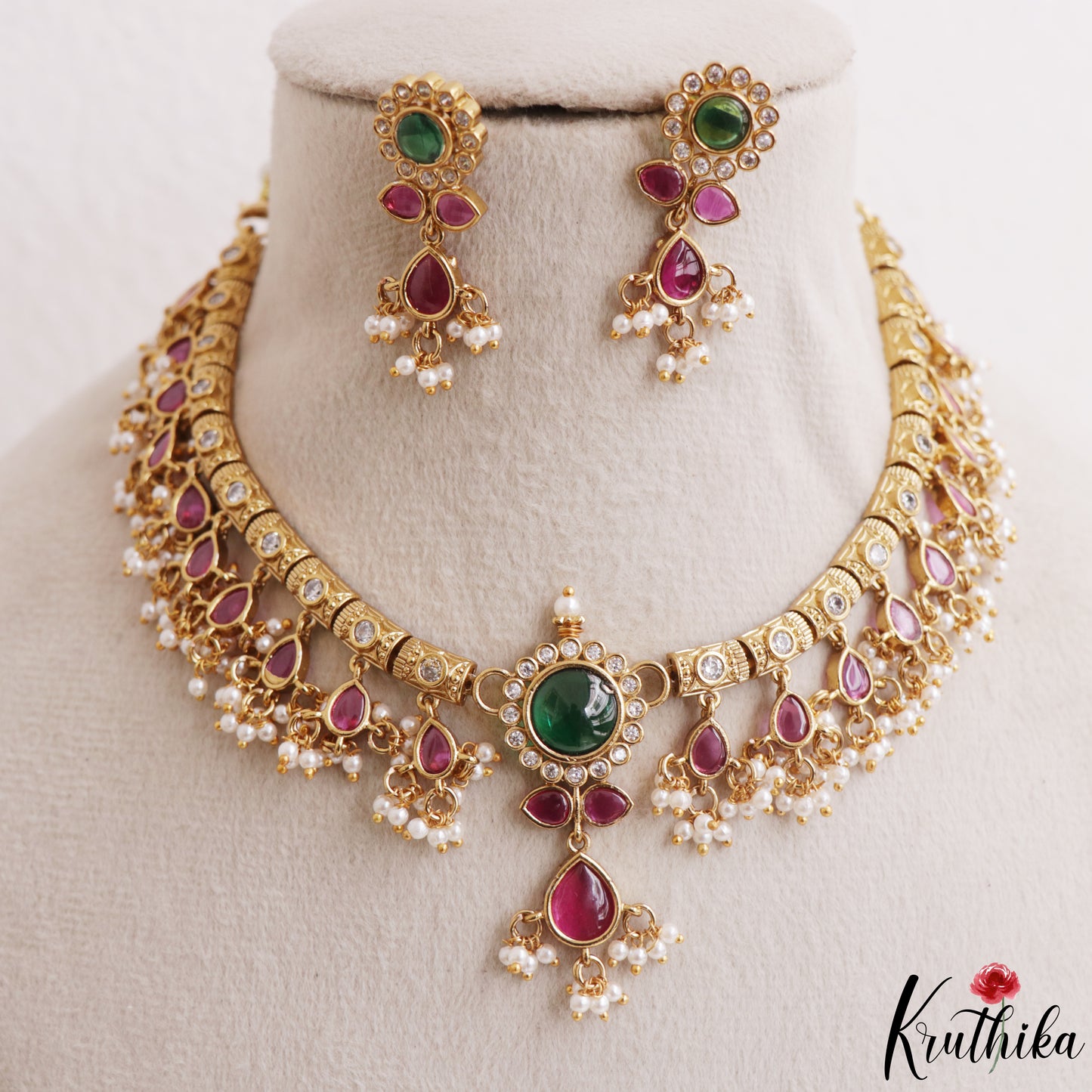 Trendy Floral Teardrop Motifs Kemp Choker With Pearl Drops NC3163