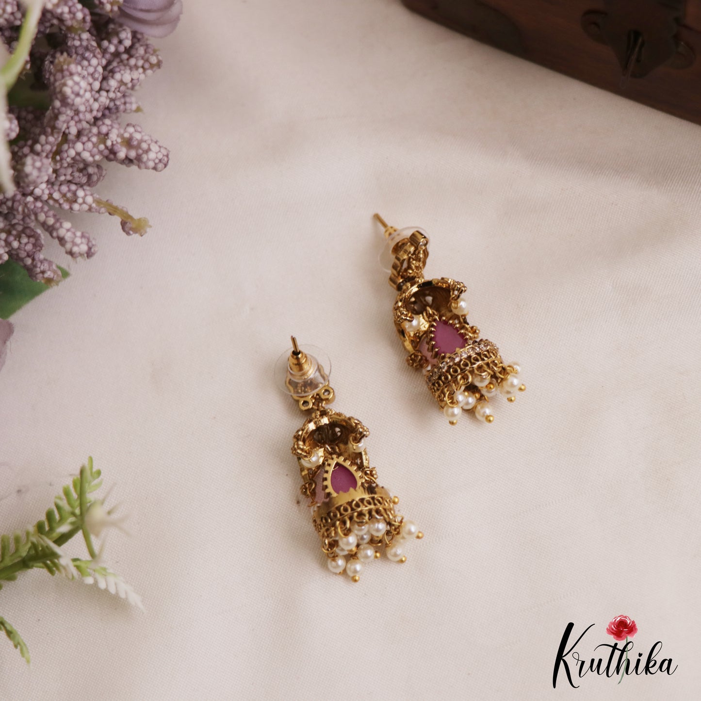 Classic Antique Lakshmi Motifs Jhumkas With Pearl Drops E1116 (Available In 2 Colors)