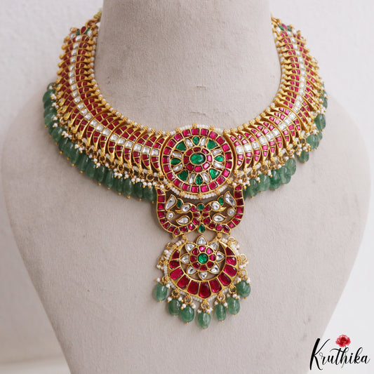 Grand Ruby Green Jadau Necklace with Beaded Drops NC3308