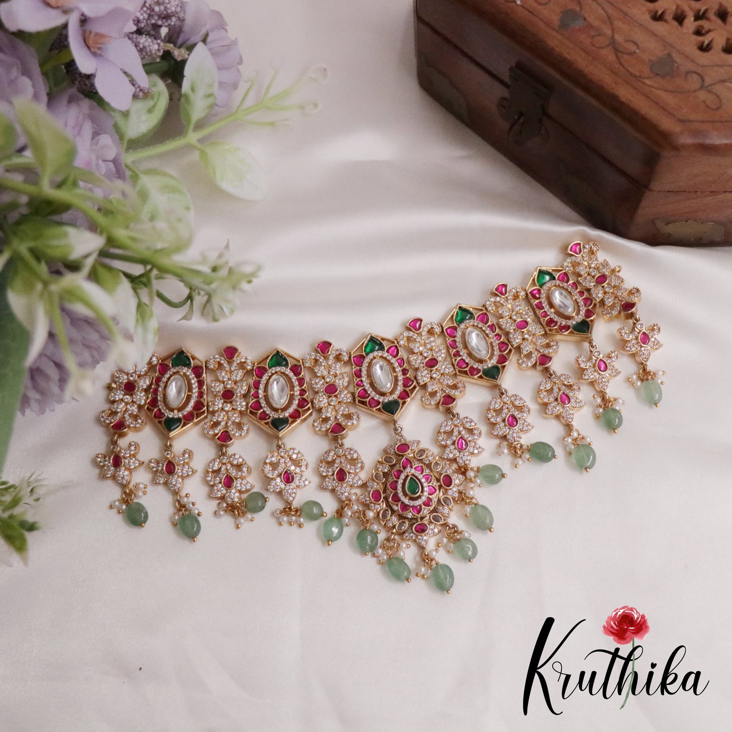 Gorgeous Jadau Necklace with Pastel Green Beads Drops NC2232