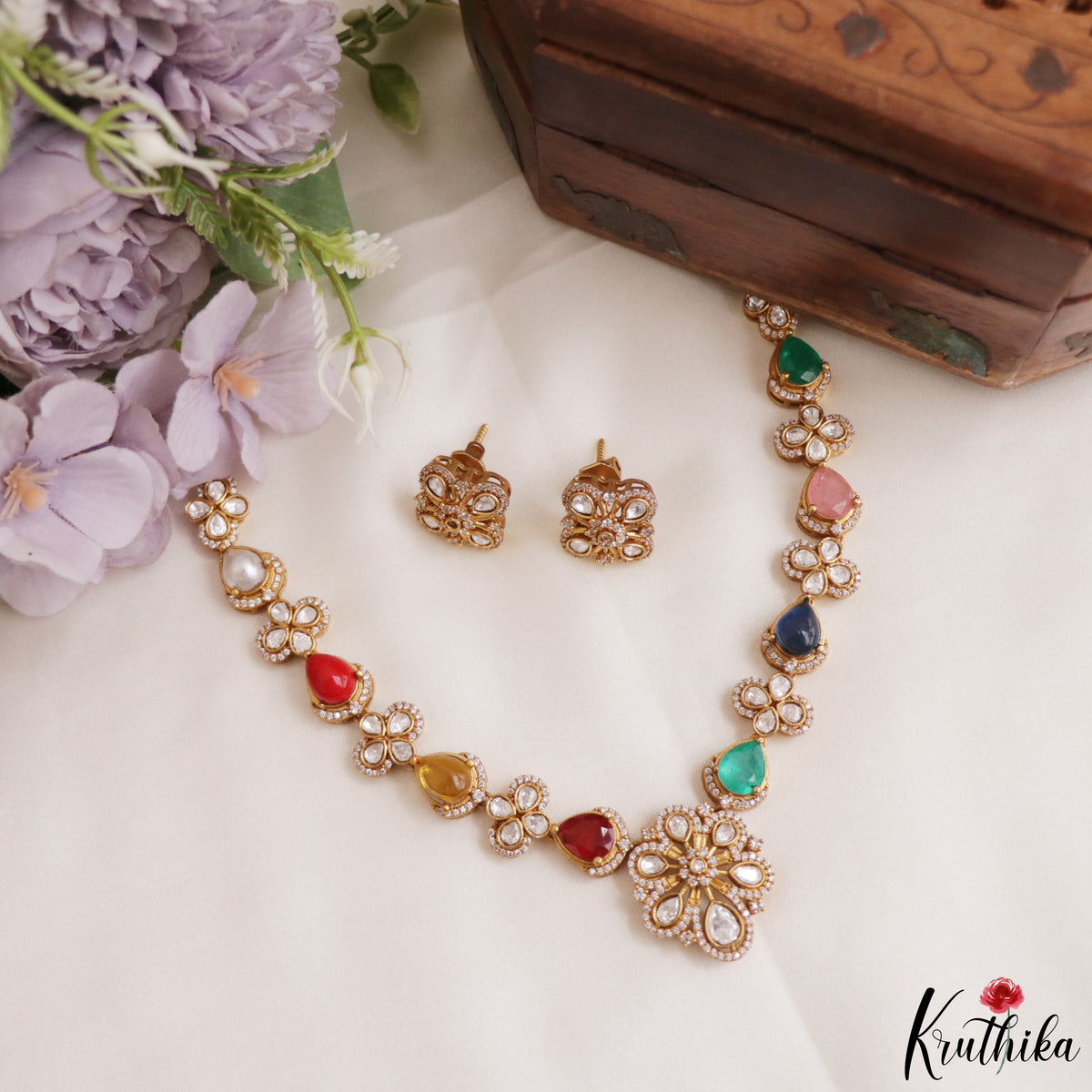 Trendy Polki & Moissanite Navaratna Necklace NC3307