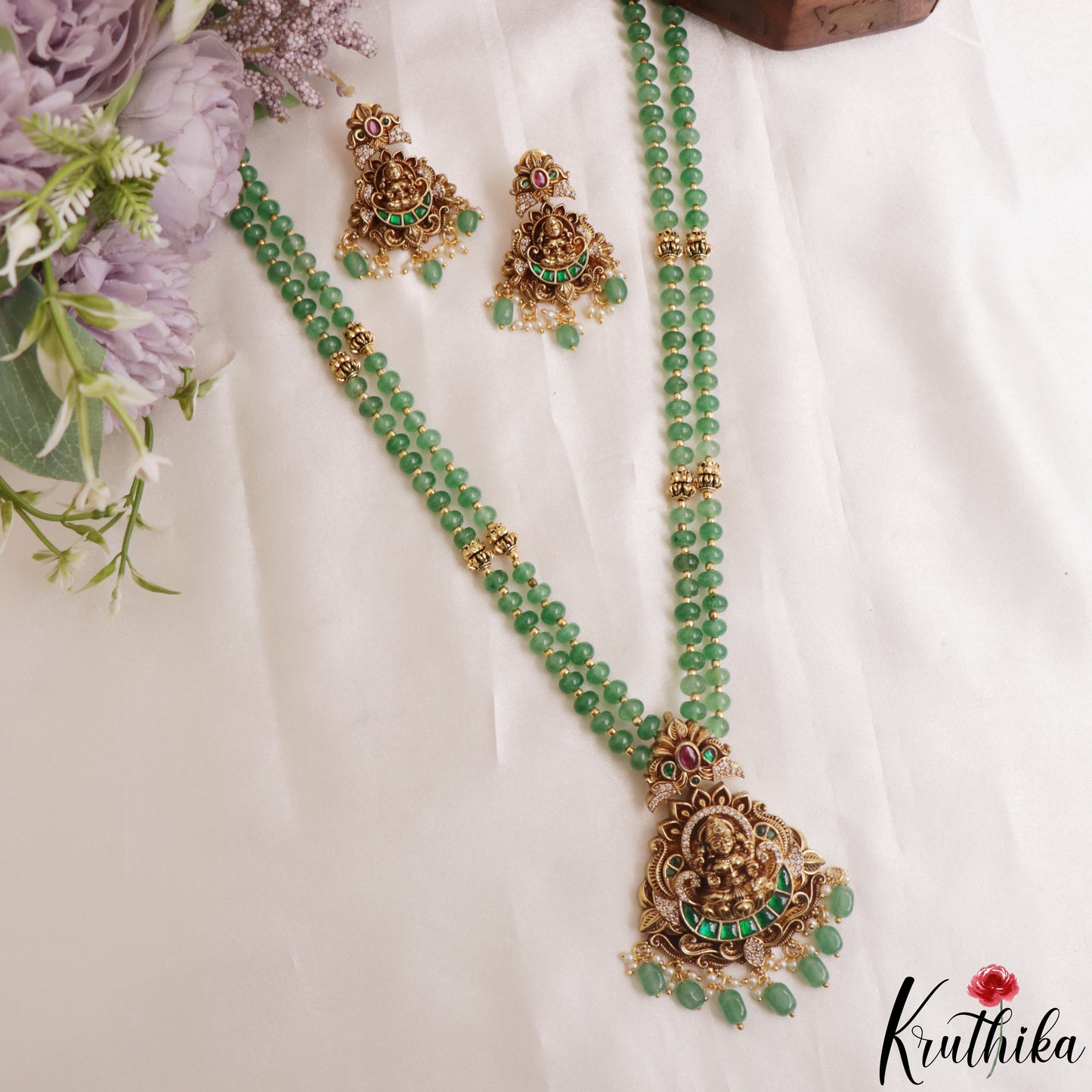 Classic Antique Lakshmi Motifs Double Layered Green Beads Jadau Haaram LH2156