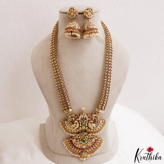 Gorgeous Antique Peacock Motifs Jadau Haaram With Pearl Drops LH2215