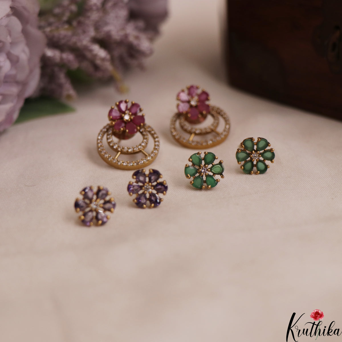 Simple CZ Floral Stud Earrings With Interchangeable Stones E1105