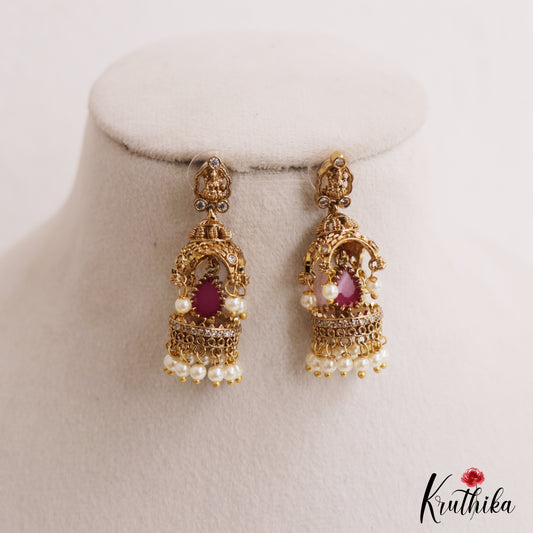 Classic Antique Lakshmi Motifs Jhumkas With Pearl Drops E1116 (Available In 2 Colors)