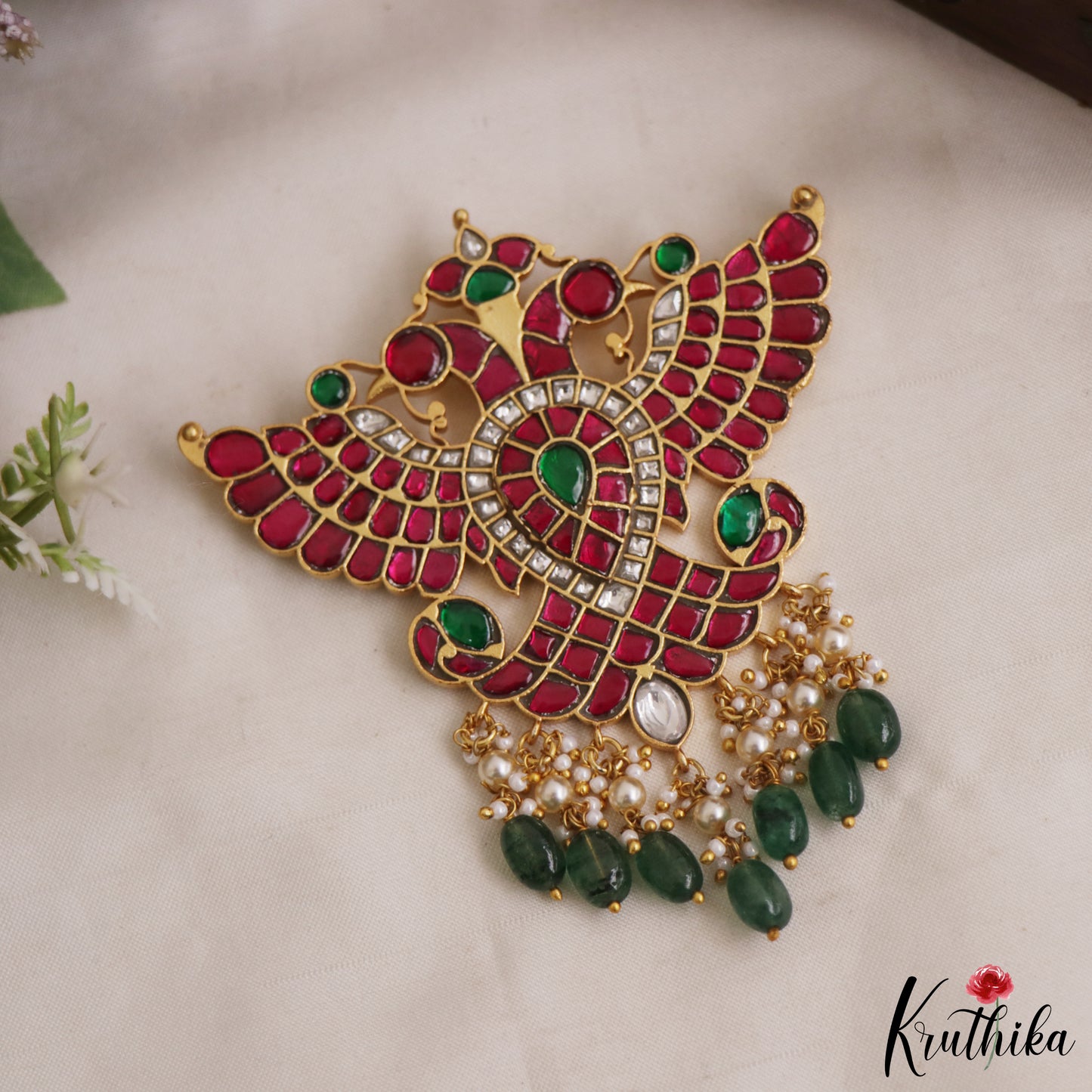 Grand Gandaberunda Jadau Pendant with Green Beads Drops PS296