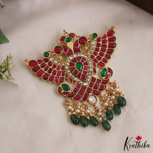 Grand Gandaberunda Jadau Pendant with Green Beads Drops PS296