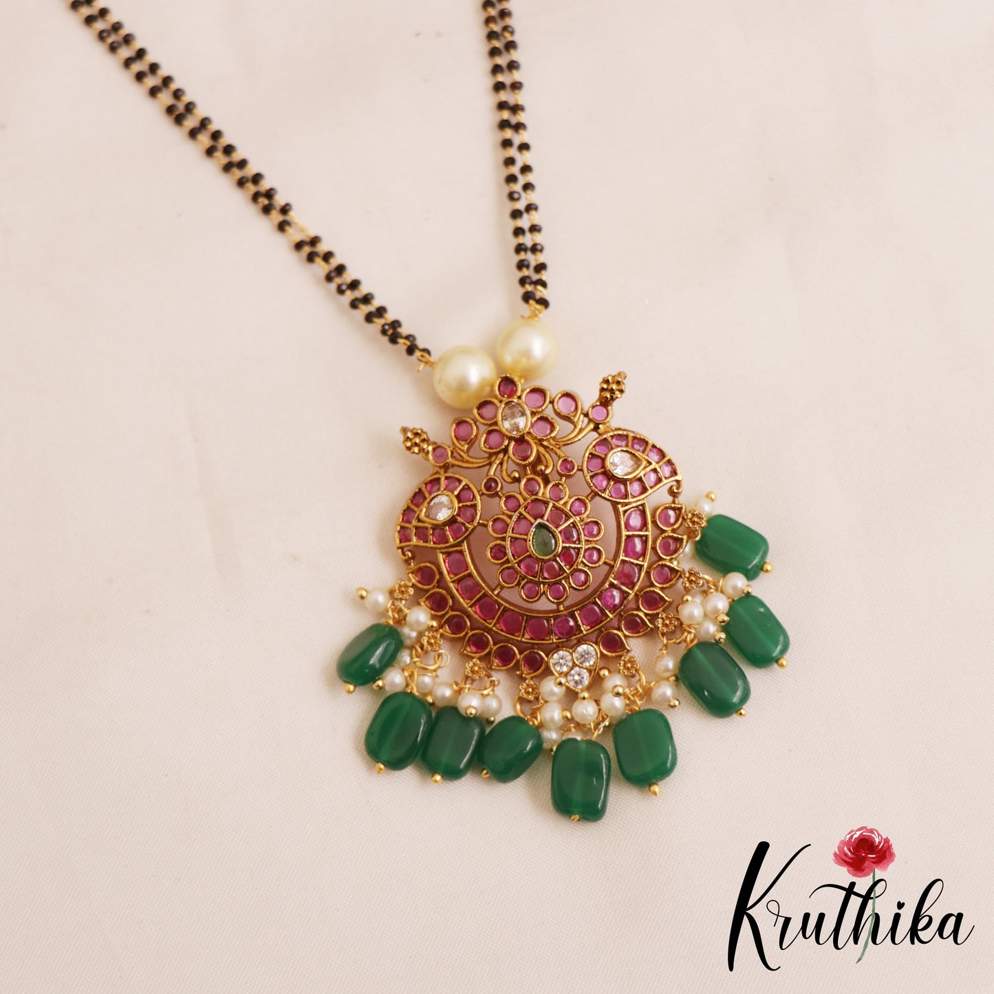 Classic Floral Mango Motifs Double Layered Mangalsutra With Green Bead Drops NC2905