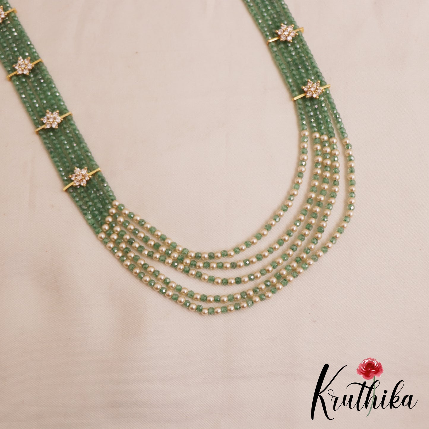 Sparkling Multi Layered crystal & Pearl statement Haaram with floral accents LH2081