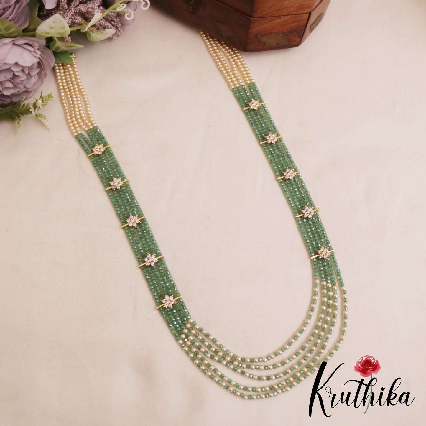 Sparkling Multi Layered crystal & Pearl statement Haaram with floral accents LH2081