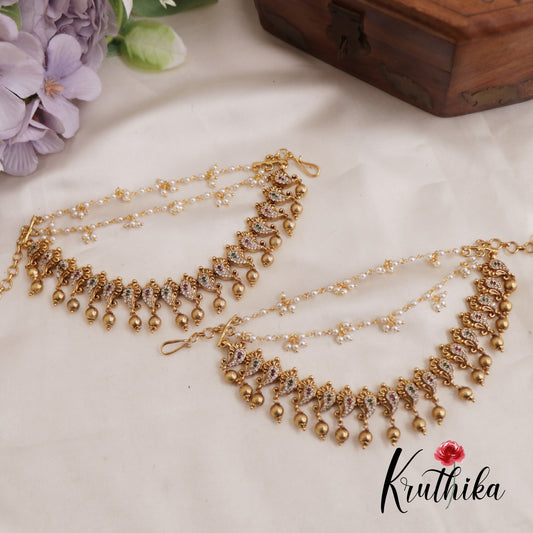 Elegant CZ Mango Motifs Multiple Strand Earchains With Golden Bead Drops EC189