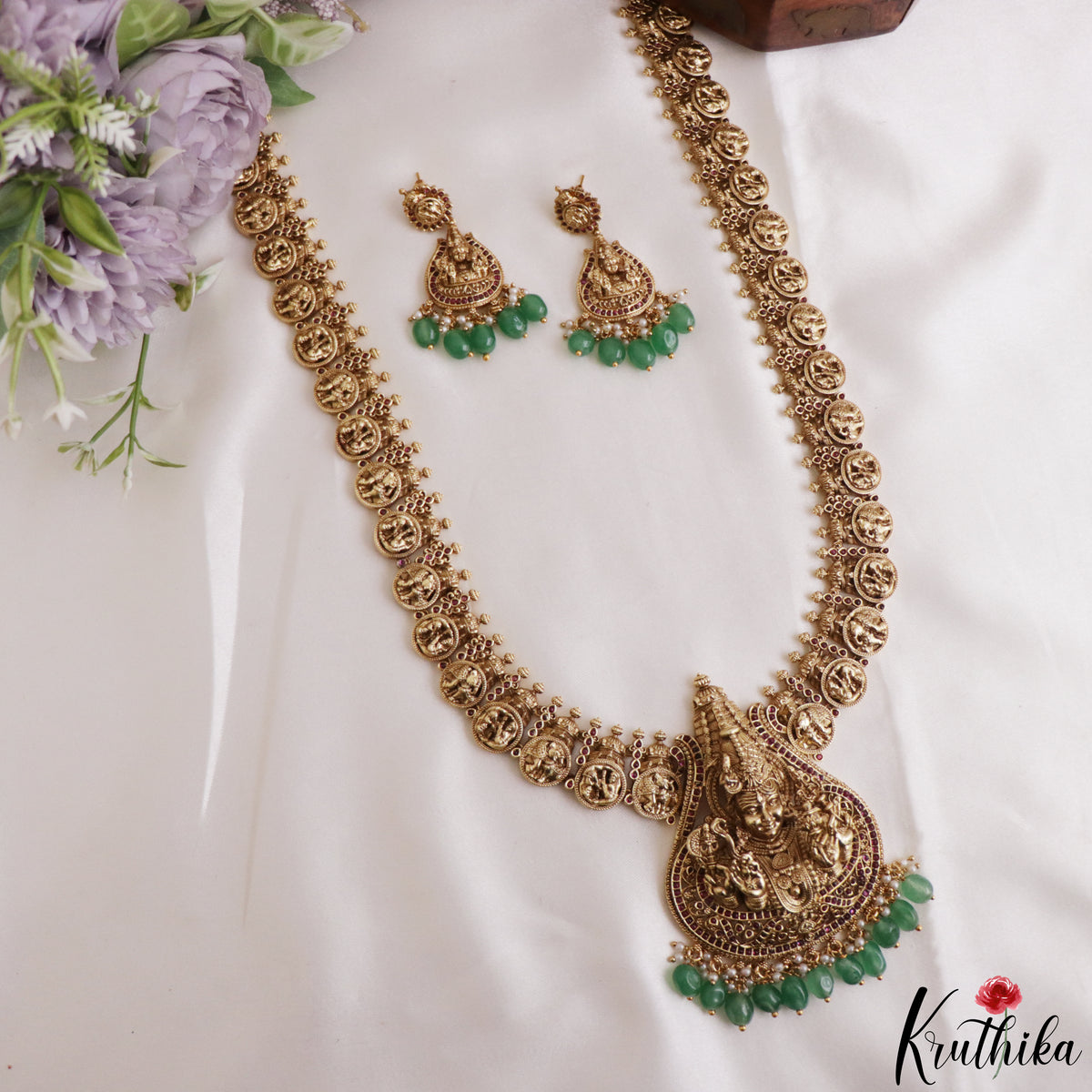Premium Antique Nagas Lord Shiva Motifs Temple Haaram With Green Bead Drops LH2220