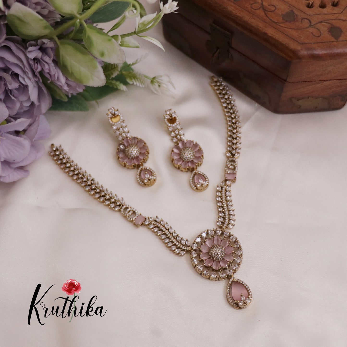 Beautiful AD Victorian Necklace with Floral Pendant Drop NC2333 (Available in 5 Colours)