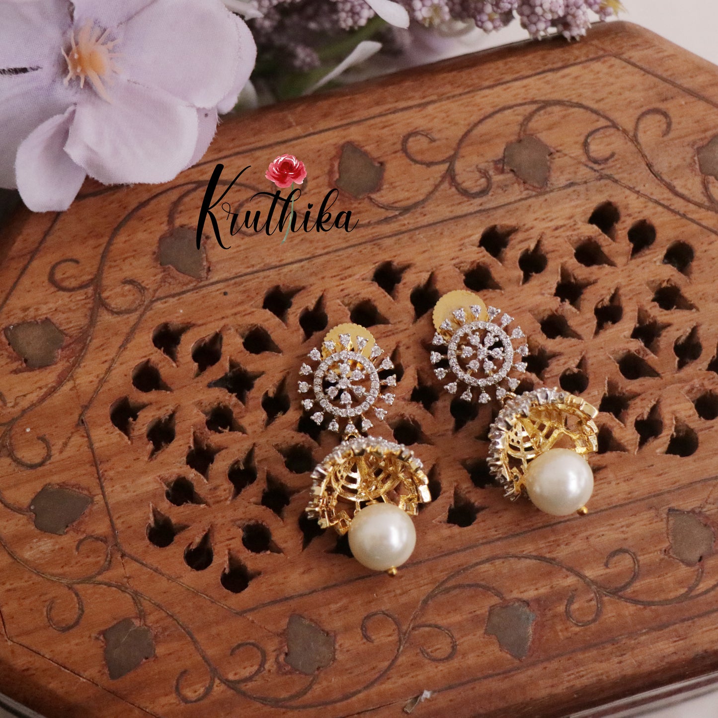 Beautiful CZ Sparkling Jhumka with Pearl Drops E652