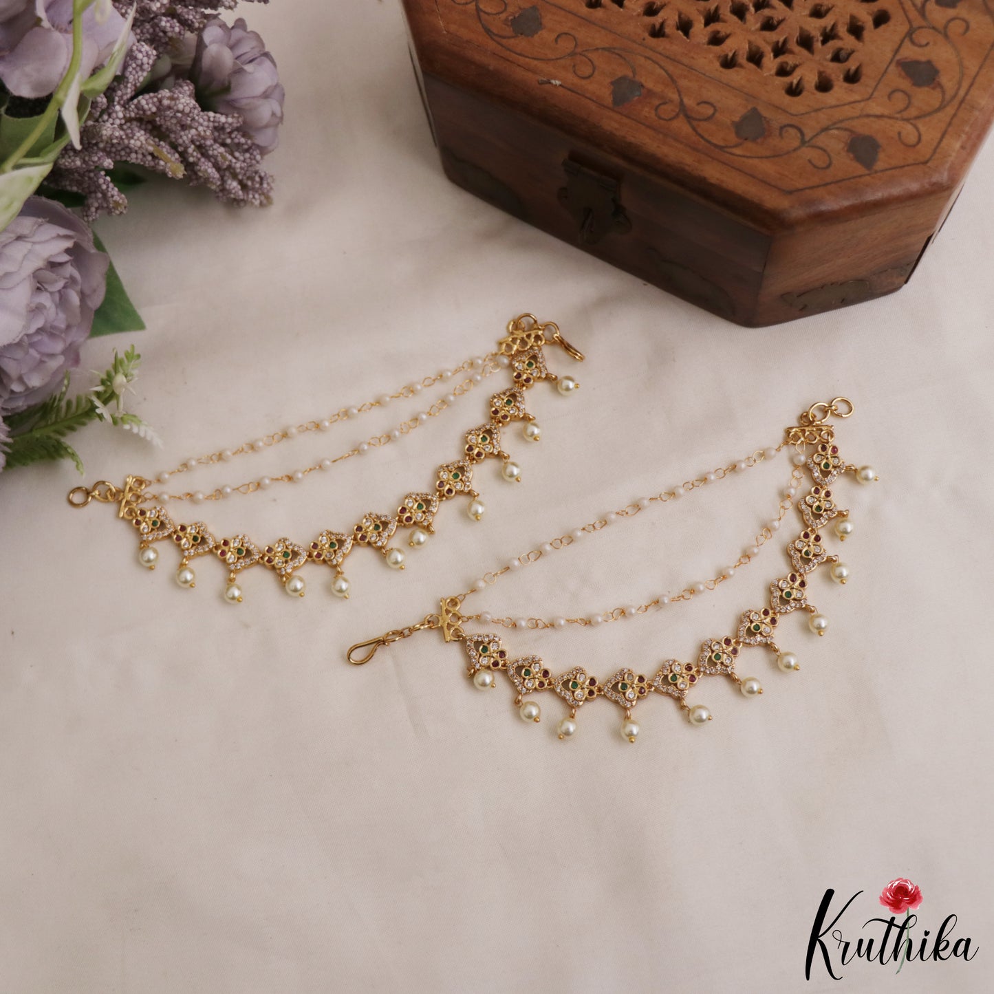 Trendy Floral Motifs Triple Layered AD Earchains With Pearl Drops EC209