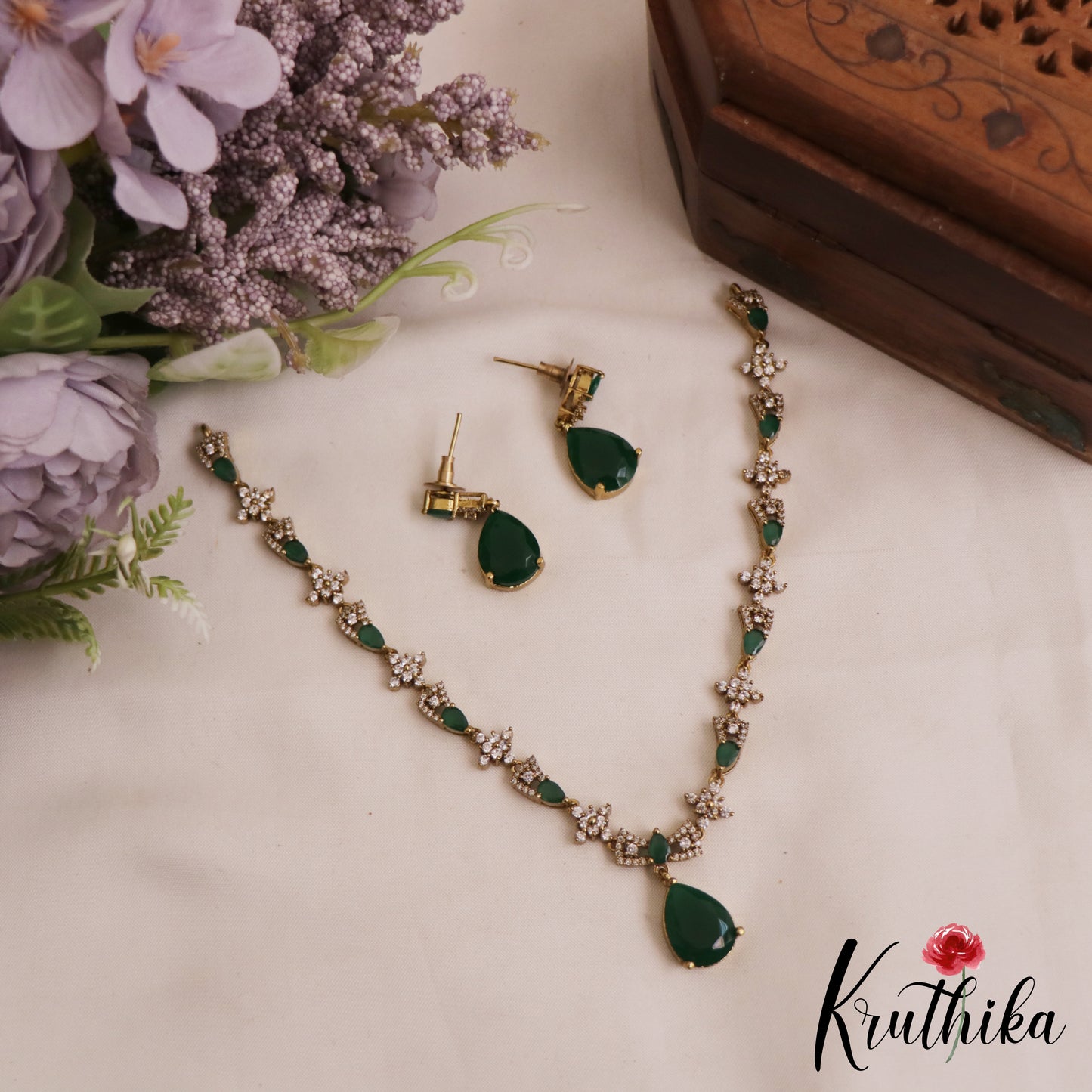 Sparkling Floral Teardrop Motifs AD Victorian Necklace NC2807 (Available In 3 Colors)