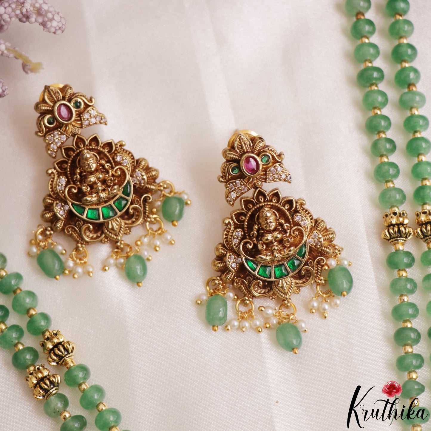 Classic Antique Lakshmi Motifs Double Layered Green Beads Jadau Haaram LH2156