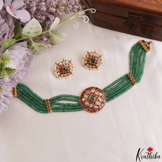 Premium Multi Strand Green Bead Jadau Choker NC3204