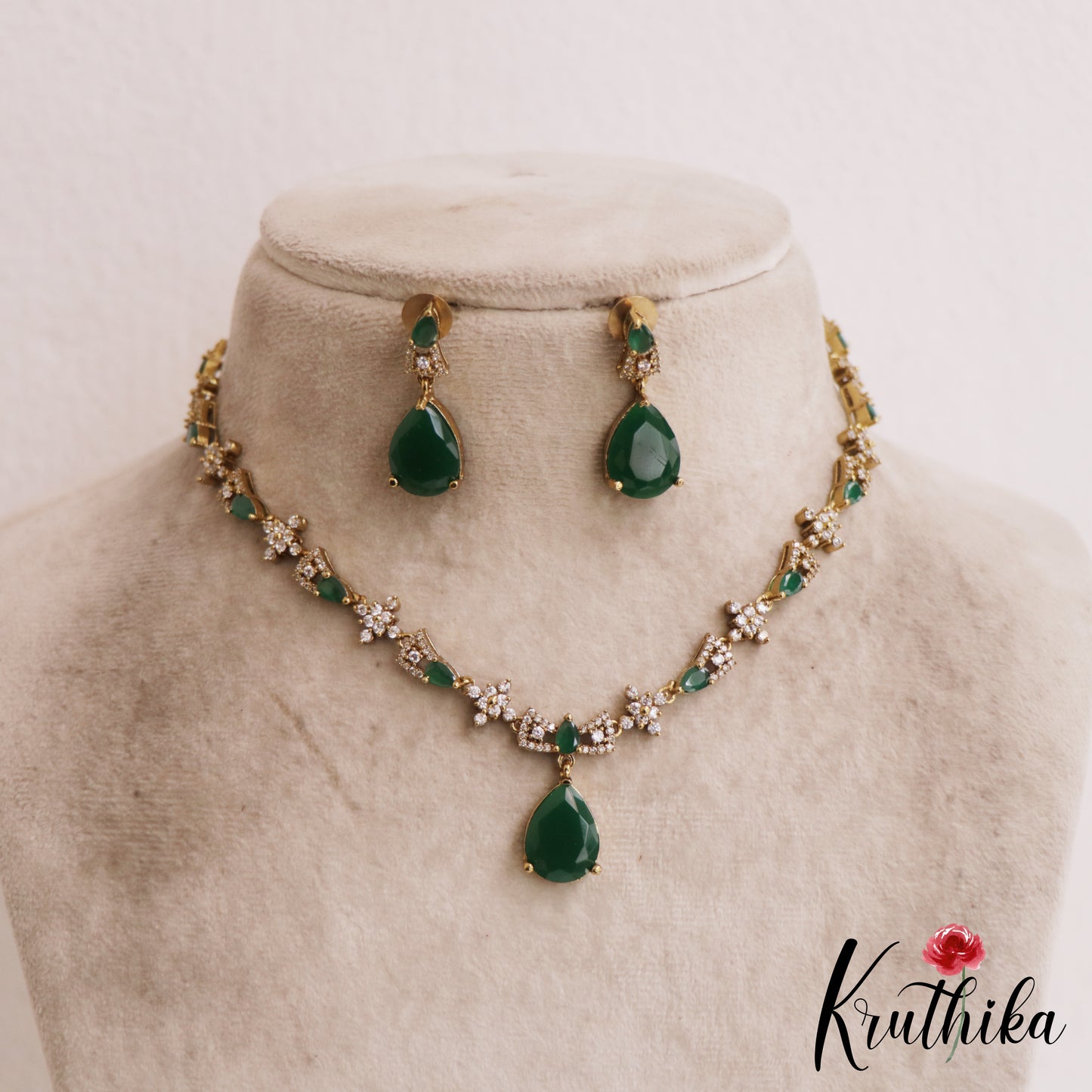Sparkling Floral Teardrop Motifs AD Victorian Necklace NC2807 (Available In 3 Colors)
