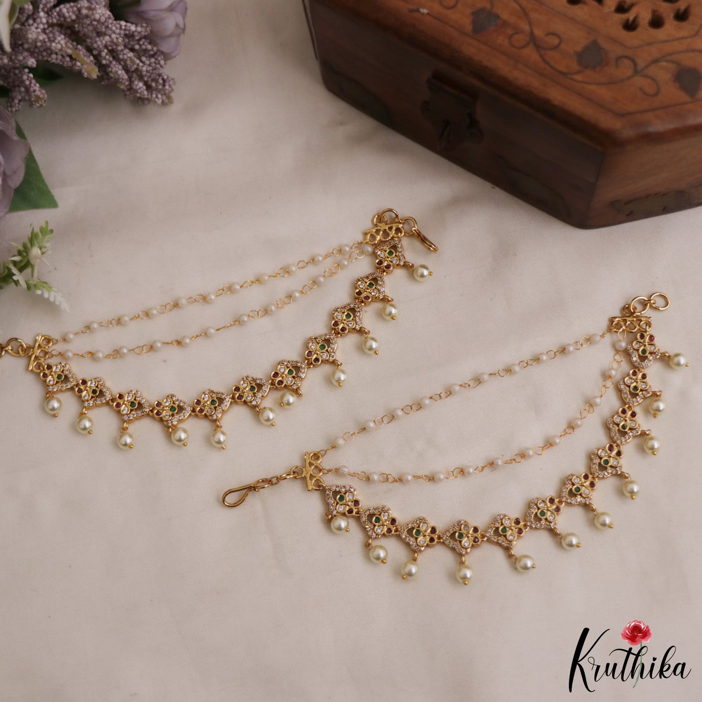 Trendy Floral Motifs Triple Layered AD Earchains With Pearl Drops EC209