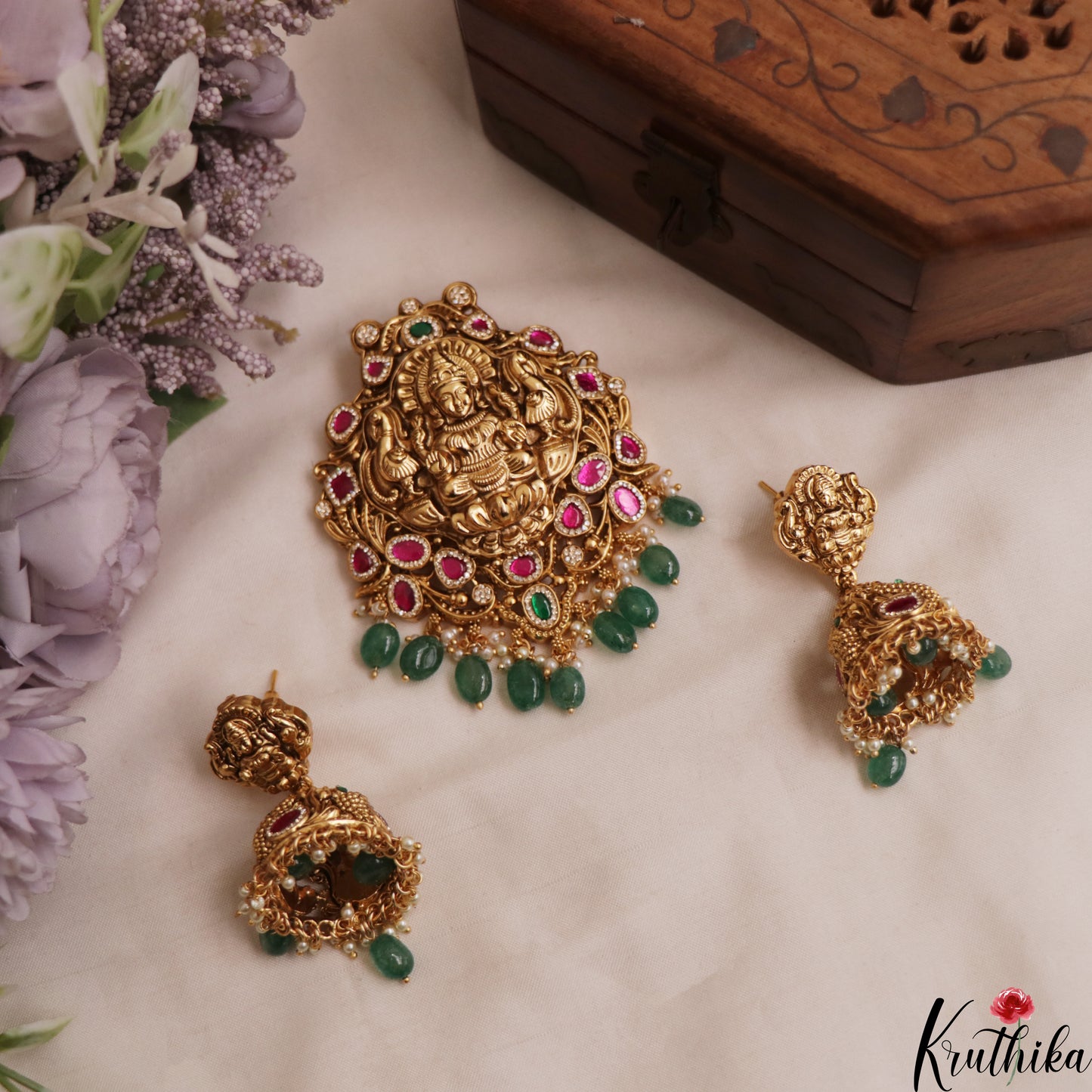 Premium Antique Nagas Lakshmi Peacock Motifs Jadau Pendant Set With Green Bead Drops  PS297