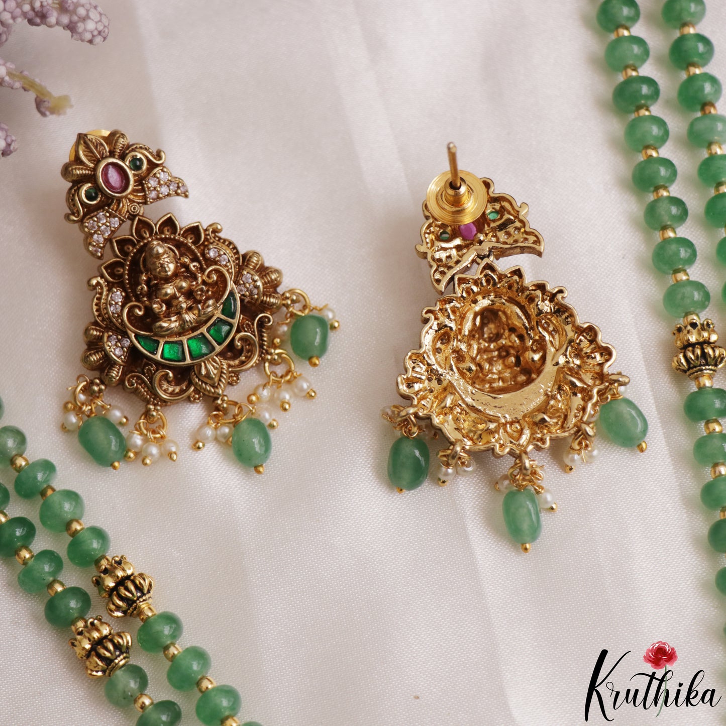 Classic Antique Lakshmi Motifs Double Layered Green Beads Jadau Haaram LH2156