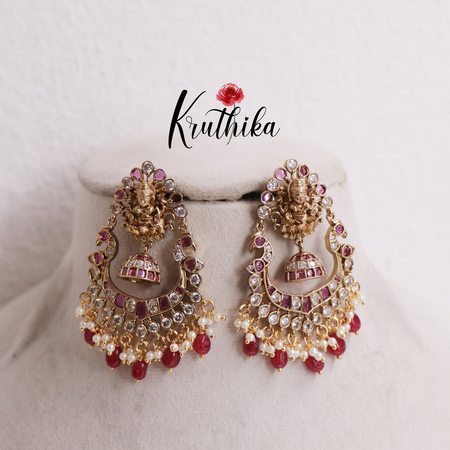 Beautiful Kemp Lakshmi Peacock Jhumka With Bead And Pearl Drops Earrings E804
