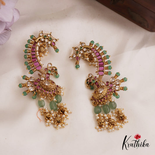 Elegant Peacock Motifs Kemp Ear Cuff With Jhumka E999