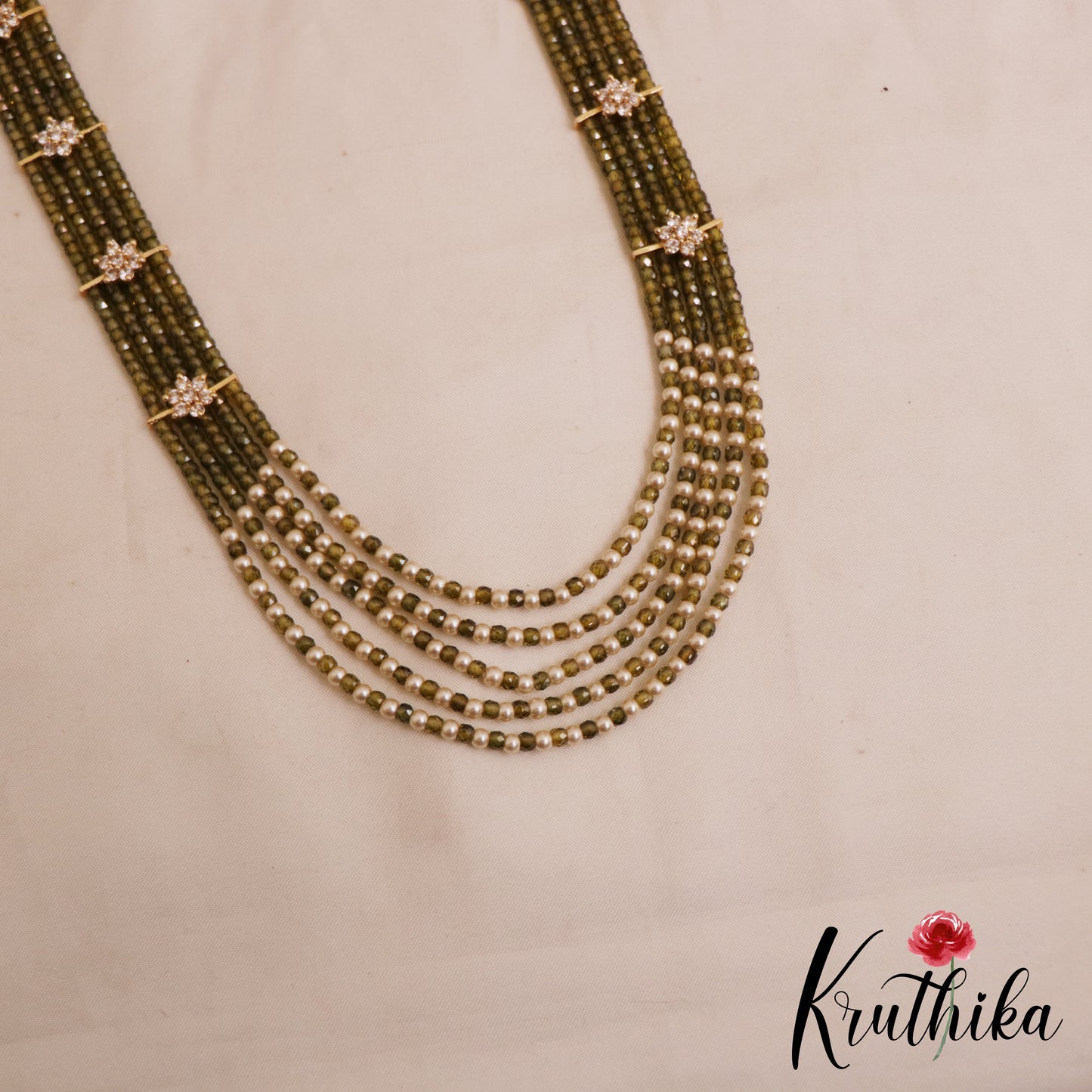 Sparkling Multi Layered crystal & Pearl statement Haaram with floral accents LH2081