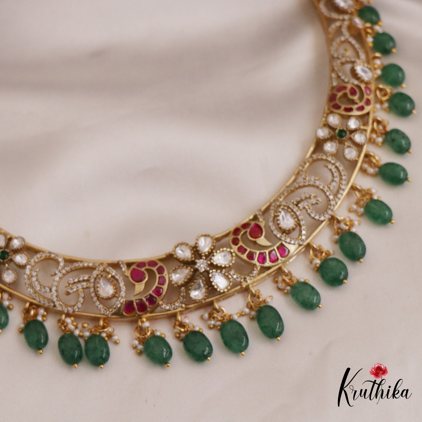 Beautiful Floral Peacock Motifs Jadau Choker With Green Bead Drops NC2688