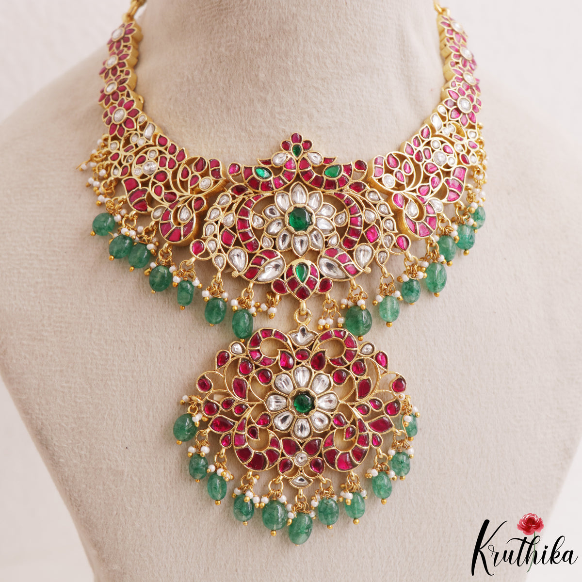 Stunning Floral Peacock Motifs Jadau Necklace With Green Bead Drops NC3284