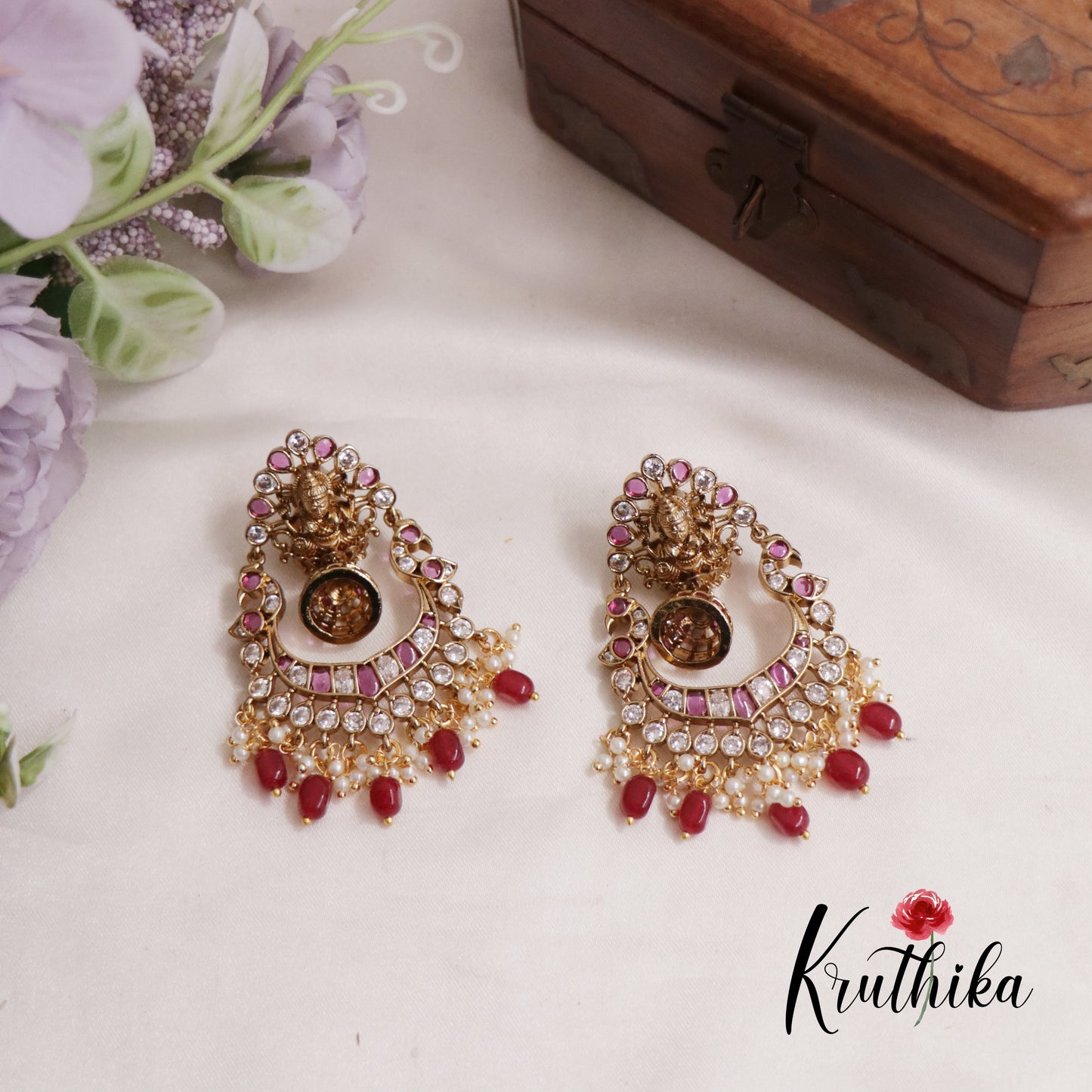 Beautiful Kemp Lakshmi Peacock Jhumka With Bead And Pearl Drops Earrings E804