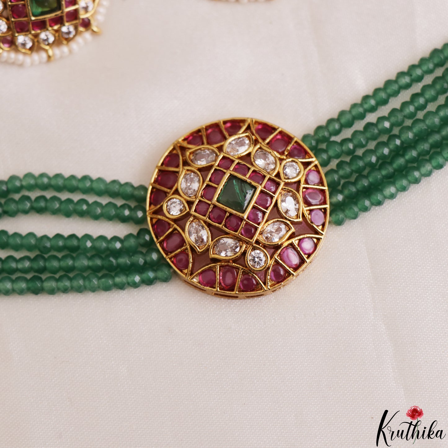 Premium Multi Strand Green Bead Jadau Choker NC3204