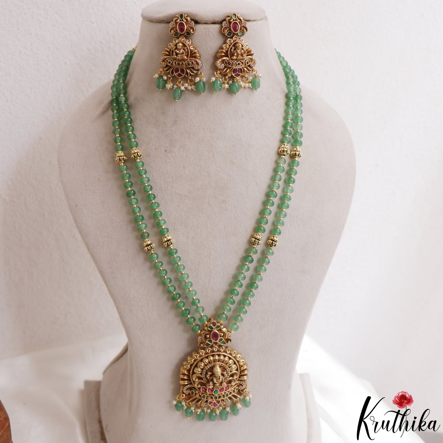 Beautiful Antique Lakshmi Motifs Double Layered Green Beads Haaram LH2157
