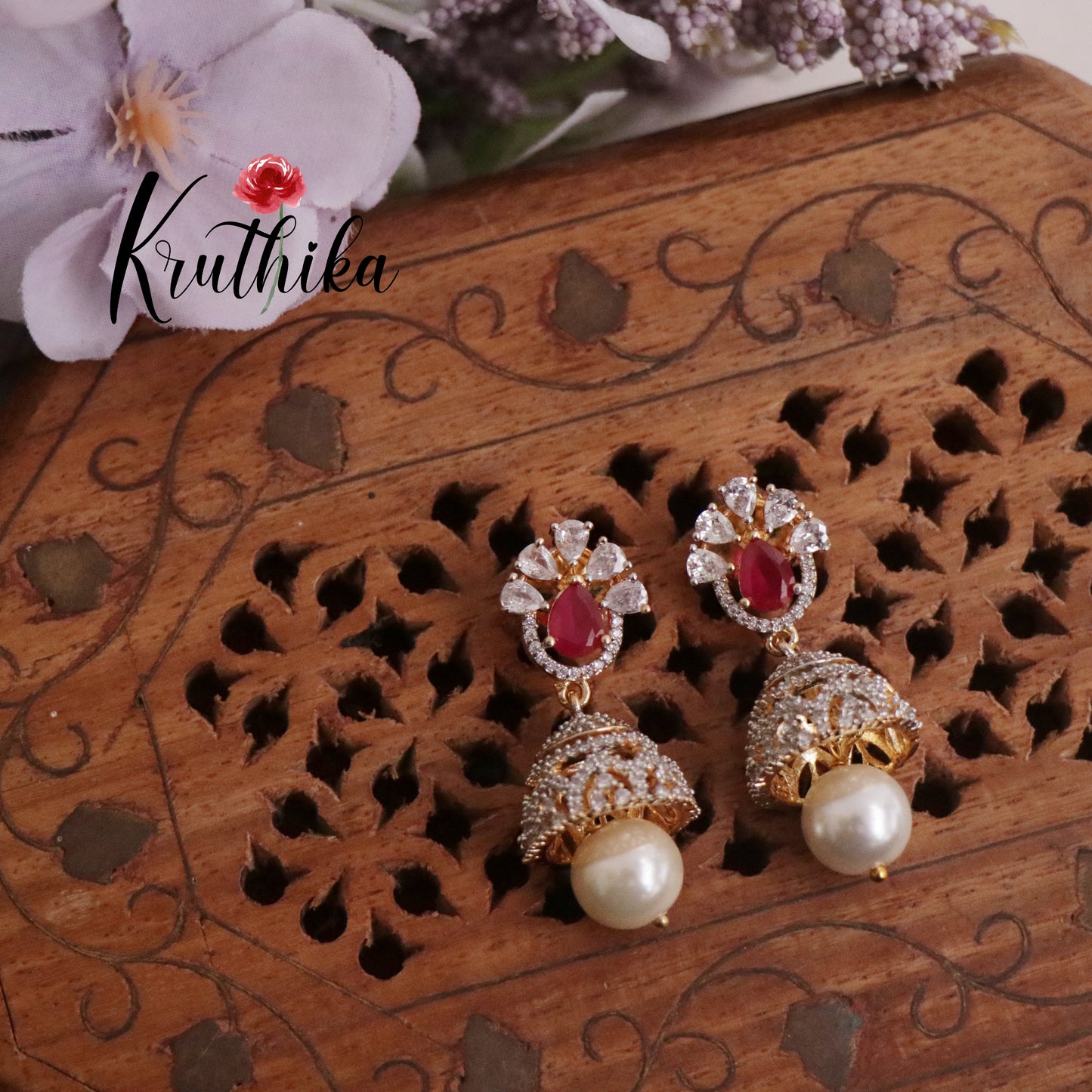 Gorgeous CZ Jhumka With Pearl Drops E656 ( Available in 2 Colours)