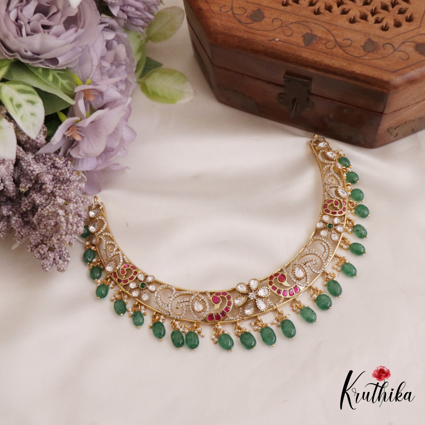 Beautiful Floral Peacock Motifs Jadau Choker With Green Bead Drops NC2688