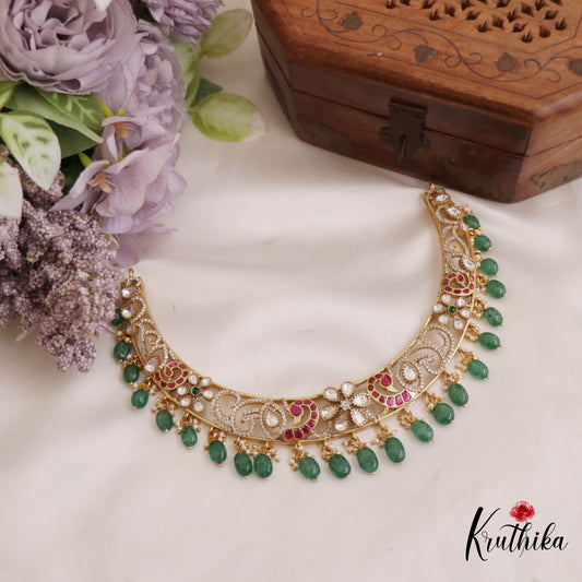 Beautiful Floral Peacock Motifs Jadau Choker With Green Bead Drops NC2688