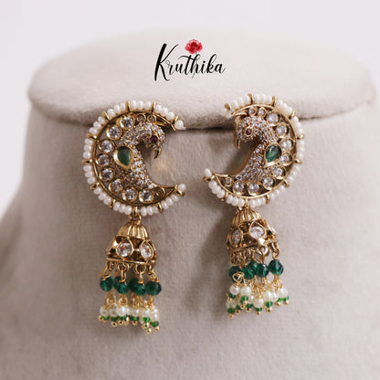 Sparkling AD Peacock Jhumkas With Bead And Pearl Drops Earrings E807