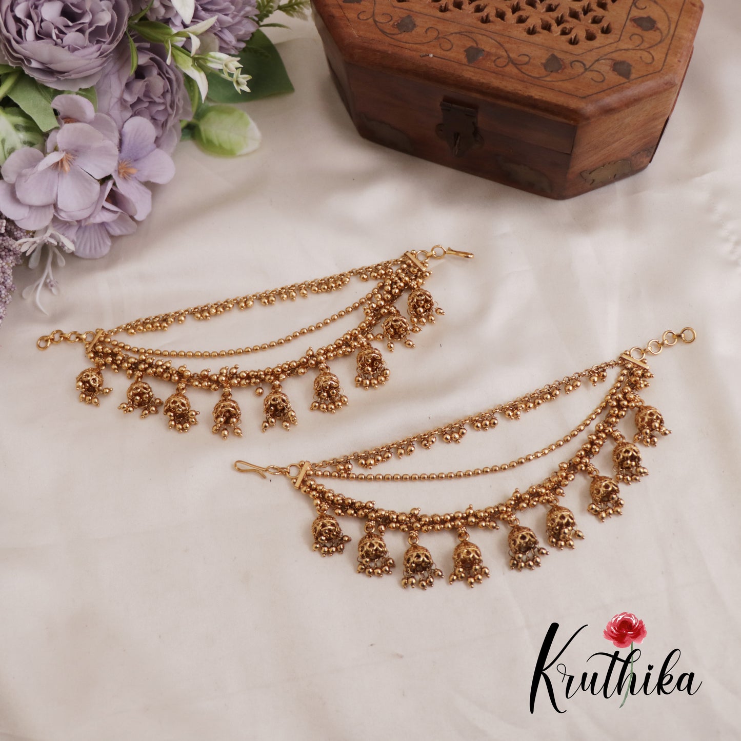 Beautiful Triple Layered Earchains With Jhumkas And Golden Beads EC157