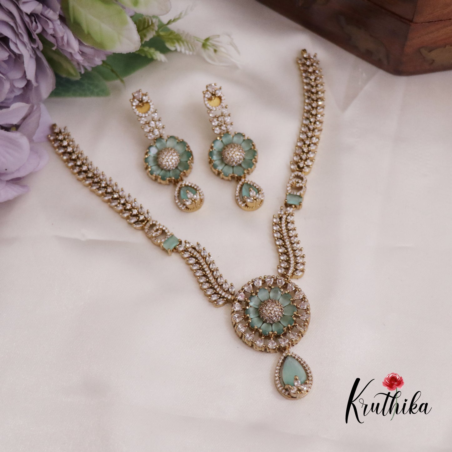 Beautiful AD Victorian Necklace with Floral Pendant Drop NC2333 (Available in 5 Colours)