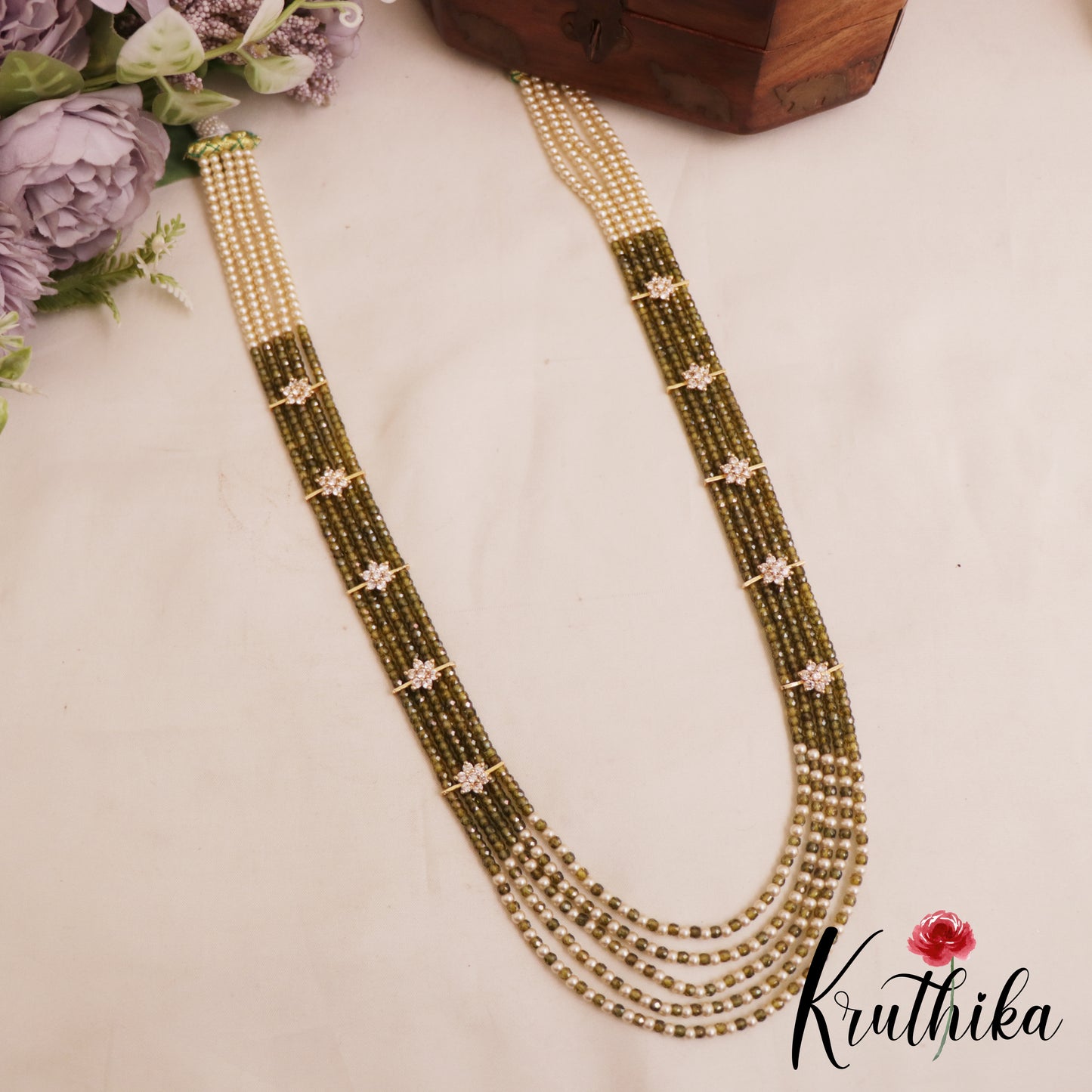 Sparkling Multi Layered crystal & Pearl statement Haaram with floral accents LH2081 (Available In 13 Colors)