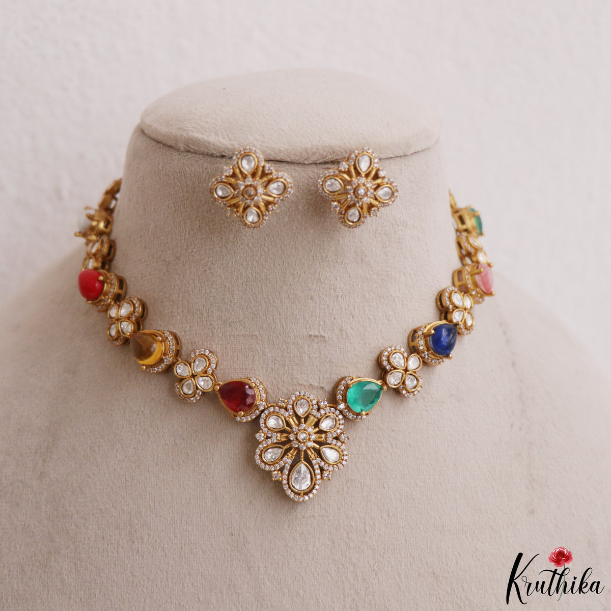 Trendy Polki & Moissanite Navaratna Necklace NC3307