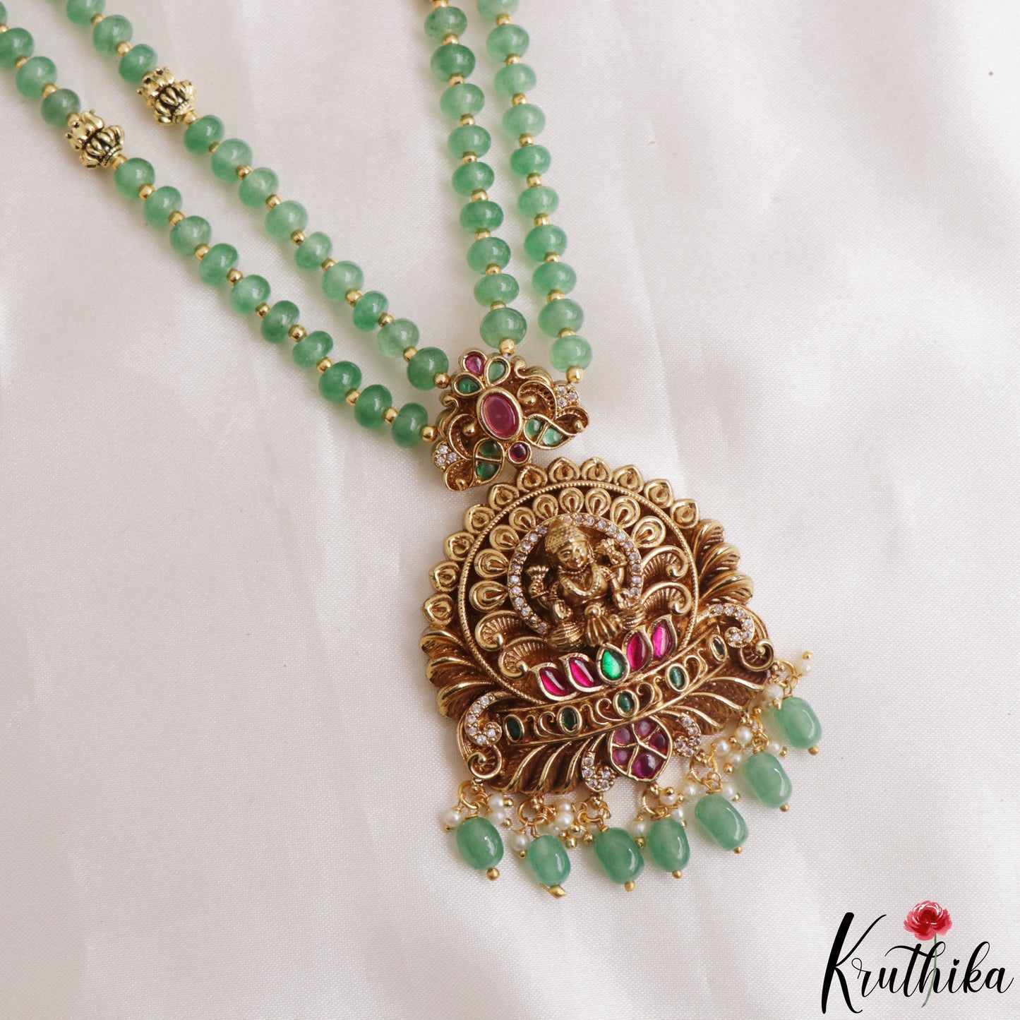 Beautiful Antique Lakshmi Motifs Double Layered Green Beads Haaram LH2157