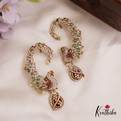 Sparkling AD Peacock Motifs Kemp Ear Cuff With Pearl Drops E976 (Available In 2 Colors)